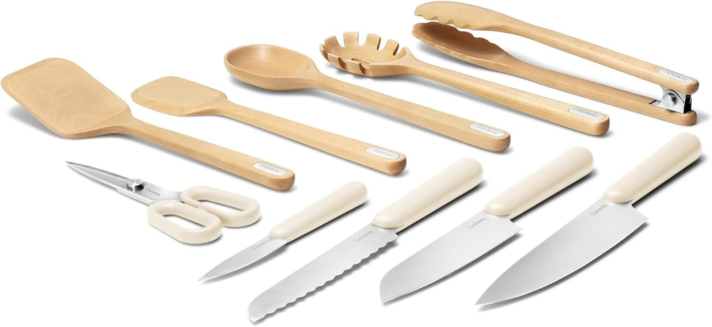 Caraway Kitchen Knife Set & Wooden Utensil Set - Made With Premium German Steel Blades & FSC-Certified Birch Wood - Non-Toxic Materials - Cream