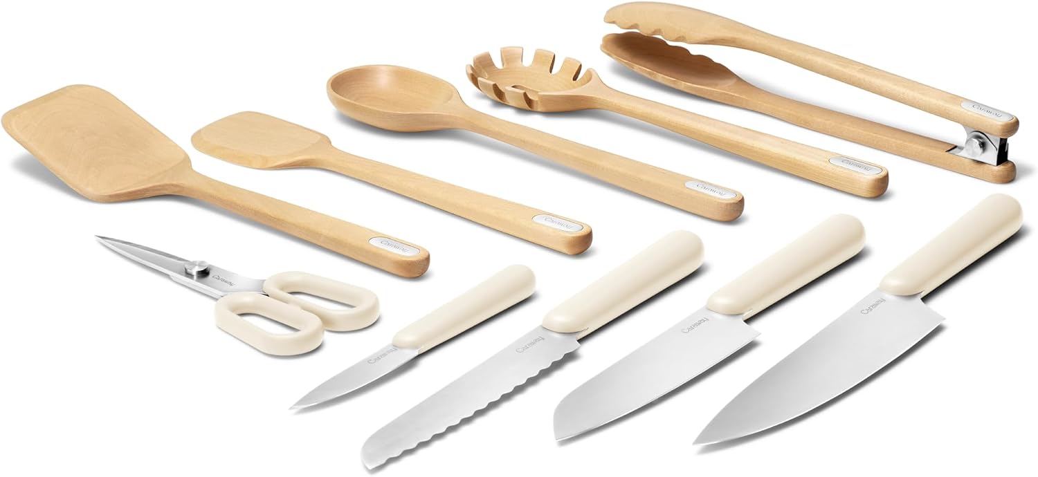 Caraway Kitchen Knife Set & Wooden Utensil Set - Made With Premium German Steel Blades & FSC-Certified Birch Wood - Non-Toxic Materials - Cream