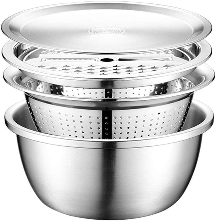4PCS Set 304 Stainless Steel Bowl with Lid Kitchen Cooking Salad Mixing Bowls Washing Drain Basket Soup Basin Strainer