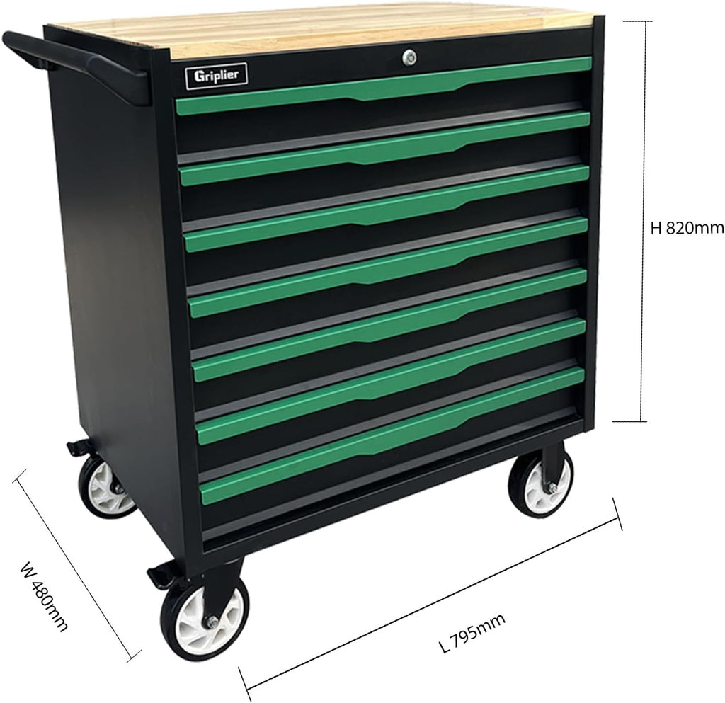7-Drawer Tool Chest with Wood Top, 31.3W x 18.9D x 32.3H inches, Black and Green，Locking Rolling Tool Box with Wheels,Mechanic Tool Cabinets for Garage, Warehouse,Repair Shop,Workshop