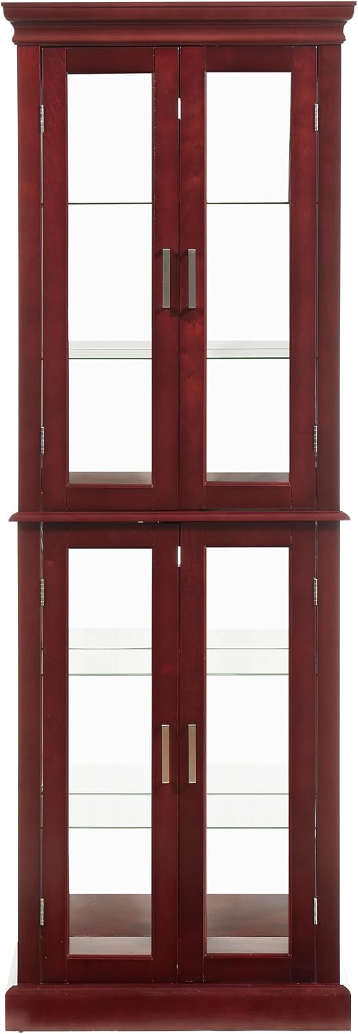 Ball & Cast Lighted Curio Cabinet,6-Tier Glass Display Cabinet with Adjustable Glass Shelves and Mirrored Back Panel for Living Room,E26 Light Blub not Included,Cherry