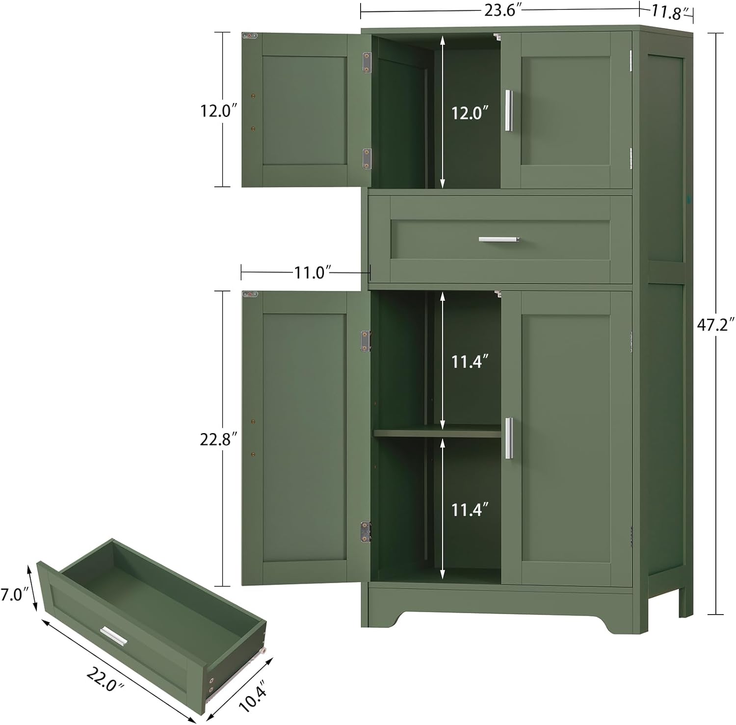 TEENFON Bathroom Floor Storage Cabinet with Adjustable Shelf, Freestanding Storage Cabinet with 4 Doors, Cupboard for Living Room, Home Office, Entryway, Forest Green