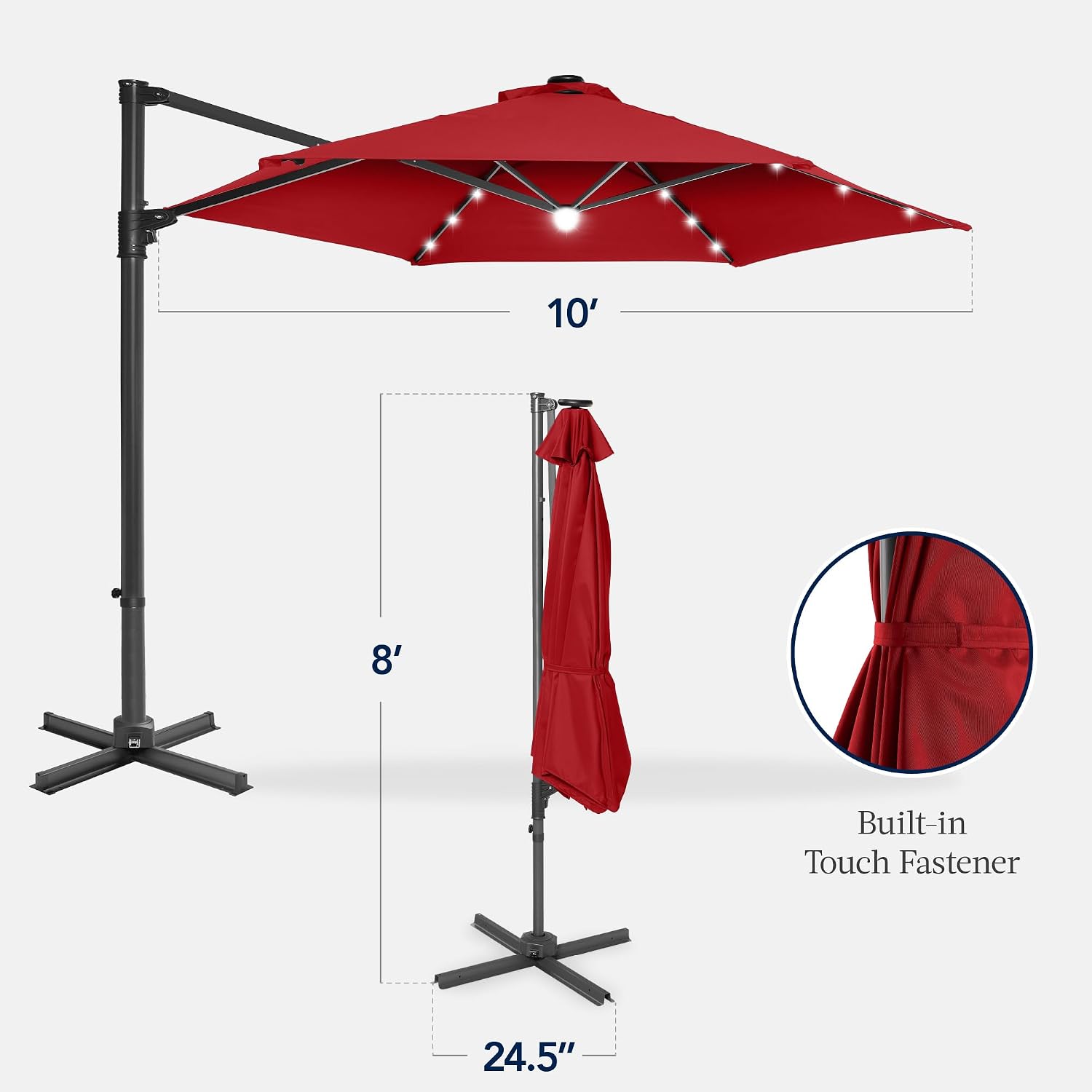Best Choice Products 10ft Solar LED Offset Cantilever Hanging Market Patio Umbrella, Smooth 360° Rotation, 8 Sturdy Ribs, Easy Adjustment - Red