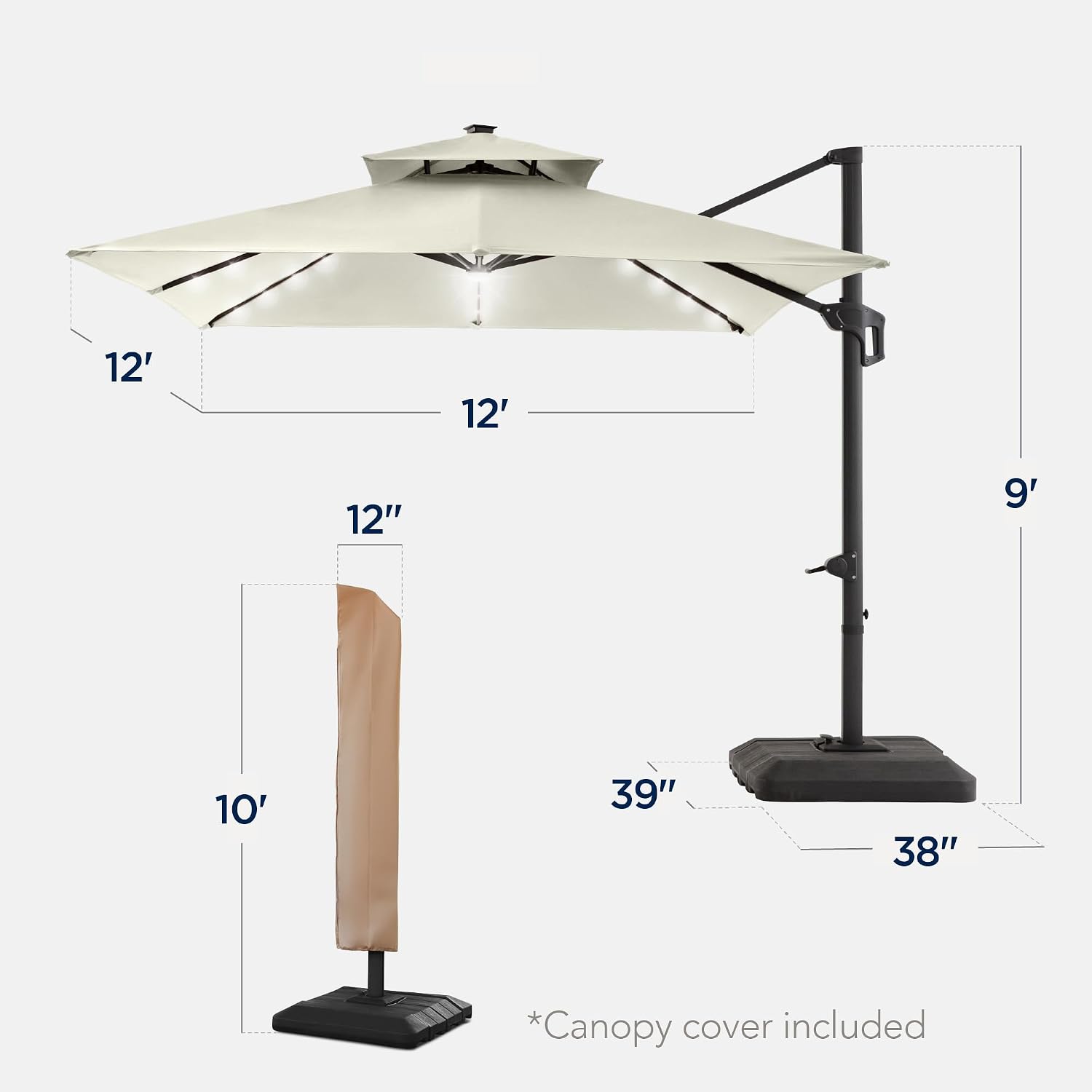 Best Choice Products 12x12ft LED Cantilever Patio Umbrella w/Base Included & 360° Rotation, Large Solar Offset Hanging Outdoor Sun Shade for Deck, Backyard Table w/Stand & Lights – Ivory