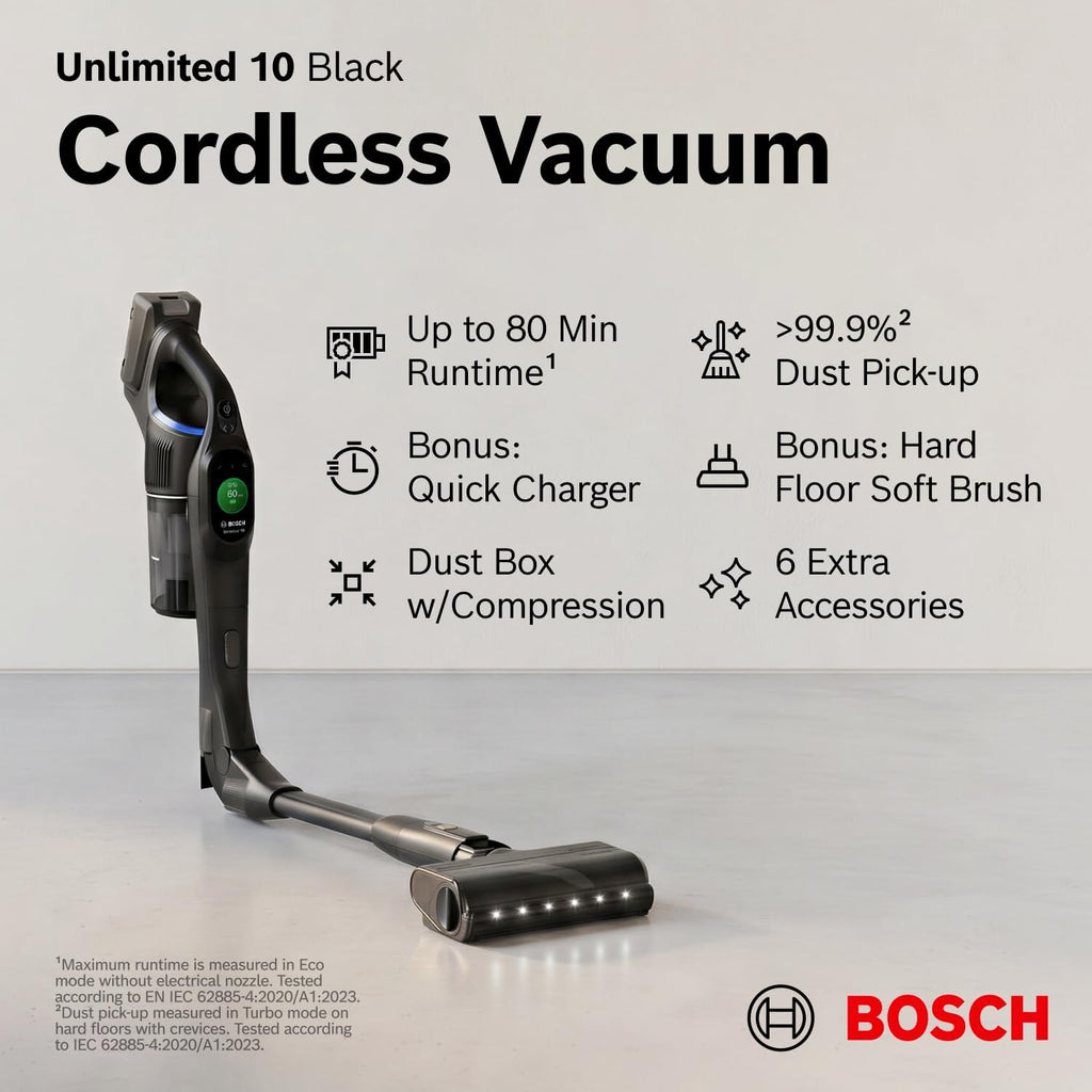 Bosch Unlimited 10 Cordless Stick Vacuum Cleaner - Up to 80 Min Battery, Fast Charger, Pet Hair, Hard Floors and Carpets, HEPA Filter, MicroClean Brush, Bendable Tube, 6 Accessories, Black