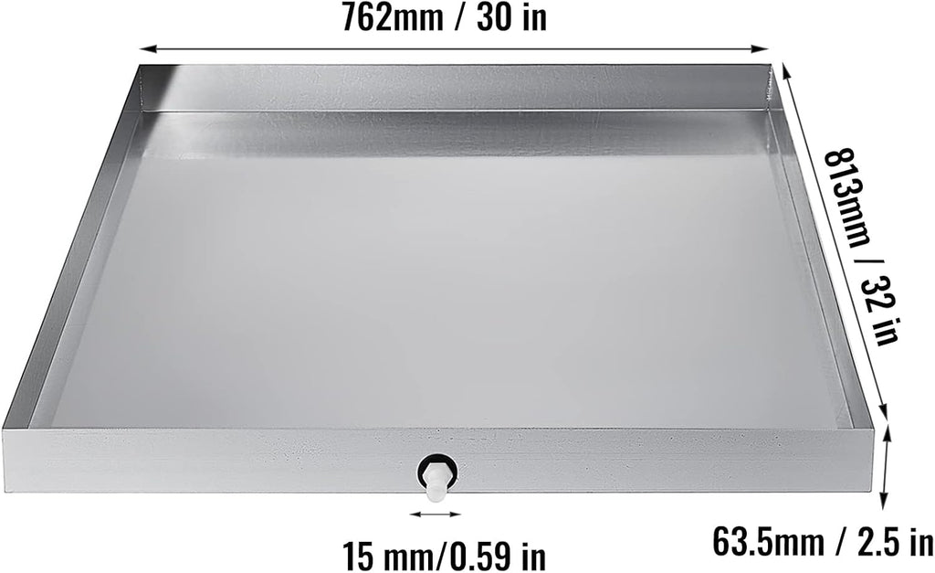 VBENLEM 32 x 30 x 2.5 Inch Washing Machine Pan 18 GA Thickness 304 Stainless Steel Heavy Duty Compact Washer Drip Tray with Drain Hole & Hose Adapter