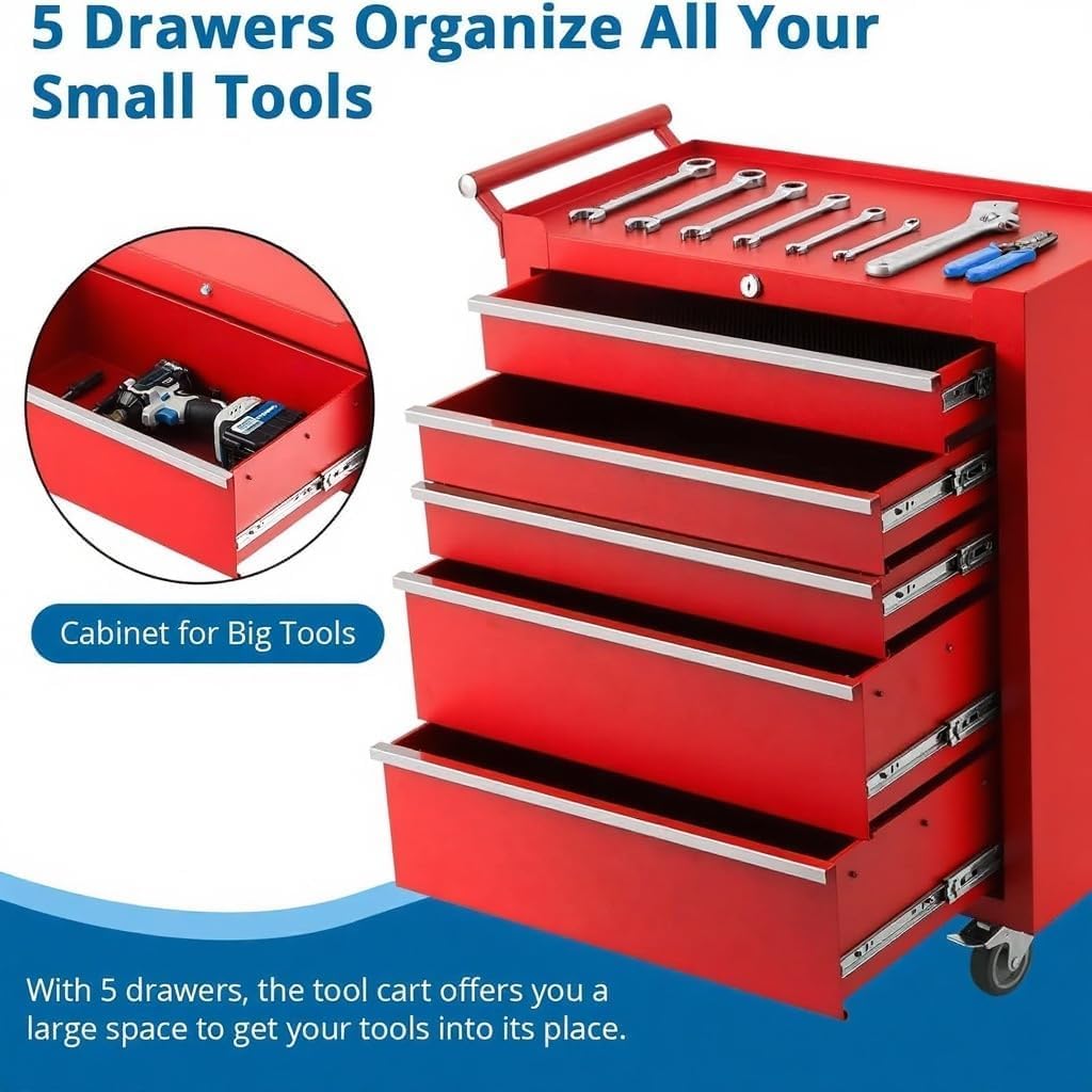5-Drawer Rolling Tool Chest,Tool Cabinet on Wheels with Keyed Locking System and Drawer Liners,Tool Chest with Link Buckle and Can Be Combined to Large Cabinet Set,for Garage, Warehouse & Repair Shop