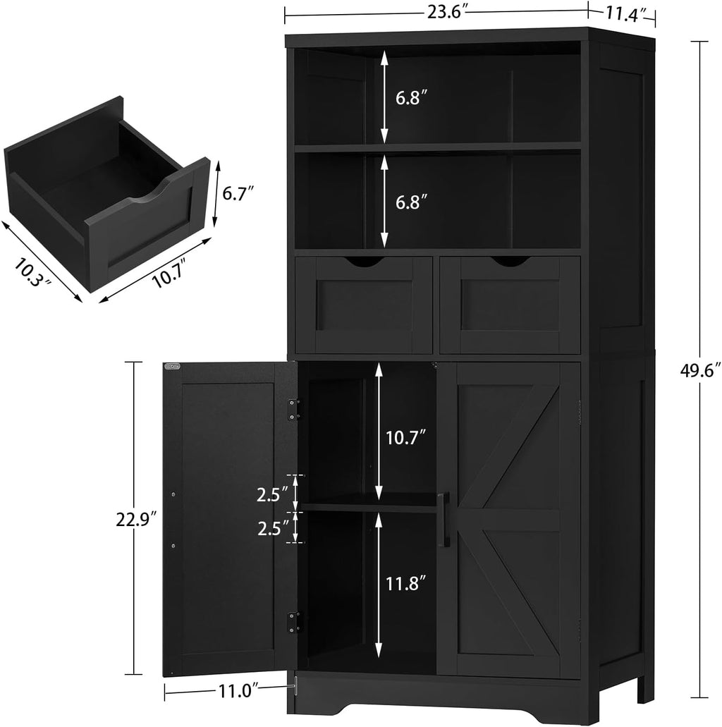 TEENFON Storage Cabinet with Doors & 2 Drawers, Kitchen Cabinet with Adjustable Shelf, Pantry Cabinets, Bathroom Cabinets, for Living Room, Entryway, Home Office, Black