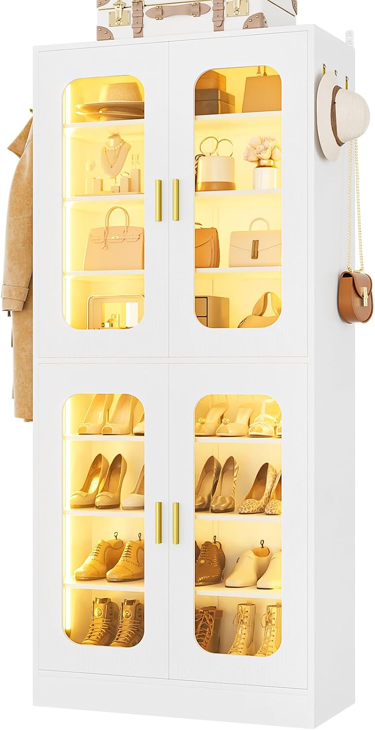 Cyclysio 67' Display Cabinet with PC Doors & LED Lighting - 8-Tier Storage Cabinet with 330lb Capacity & Adjustable Shelves for Entryway, Bedroom (White, Set of 1)