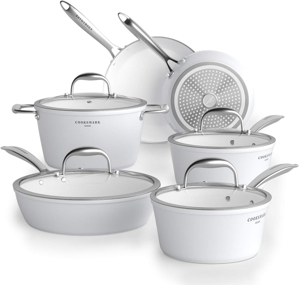 Nonstick Ceramic Cookware Set, Induction & Dishwasher Safe Scratch-Resistant Pots and Pans Set with Glass Lids 10 Pieces, White