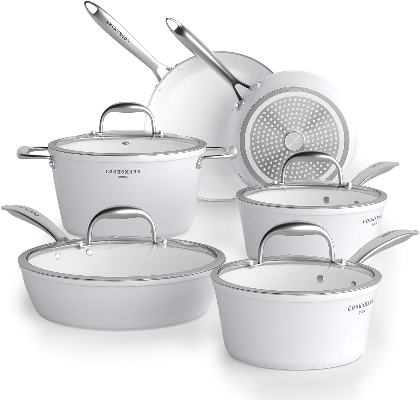 Nonstick Ceramic Cookware Set, Induction & Dishwasher Safe Scratch-Resistant Pots and Pans Set with Glass Lids 10 Pieces, White