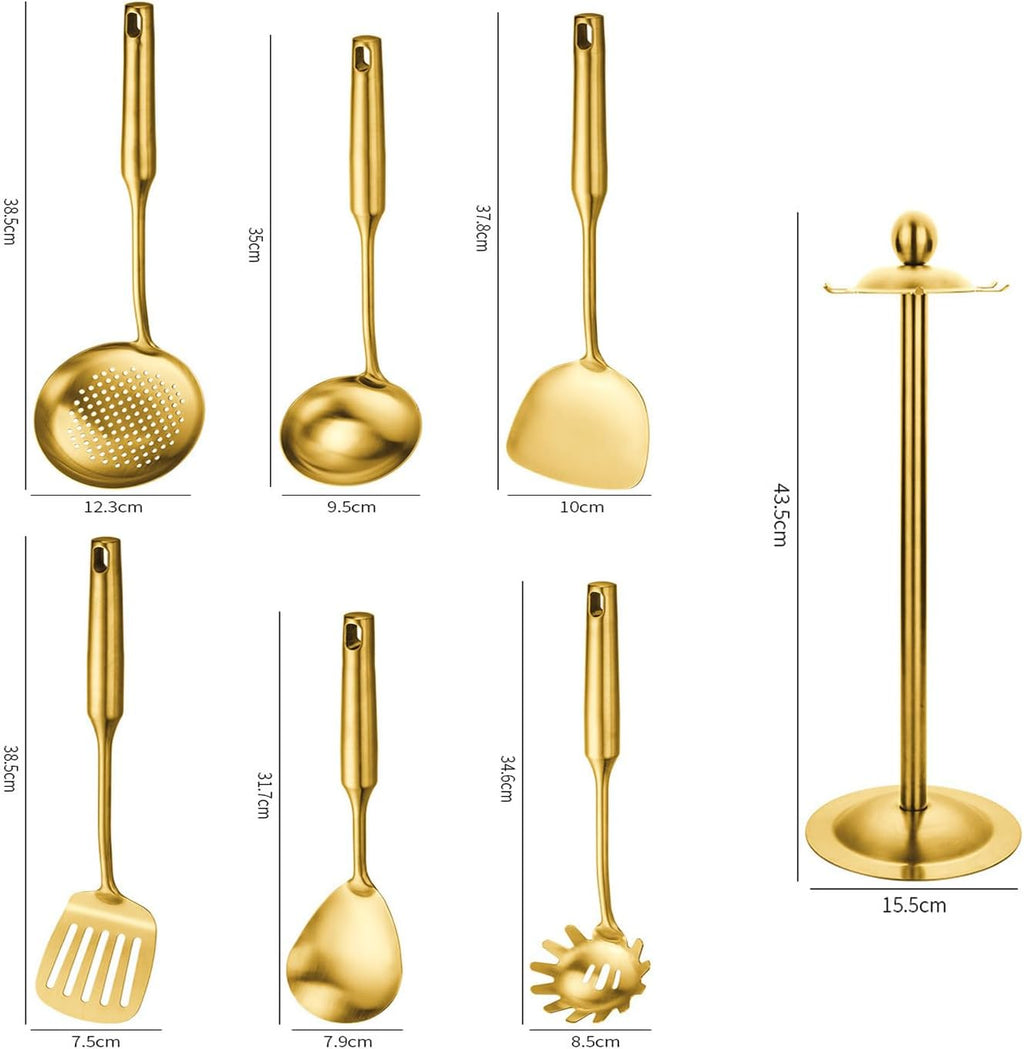 Gold Cooking Utensils Set Stainless Steel Non-stick Heat Resistant Ceramic Handle 7pieces Kitchenware Cookware Set Kitchen Tools Set With Utensil Holder Dishwasher Safe Easy To Clean