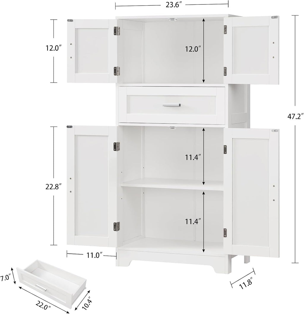 TEENFON Bathroom Storage Cabinet with Adjustable Shelf & Large Drawer, Tall Storage Cabinet with 4 Doors, Kitchen Pantry Storage Cabinets, for Living Room, Dining Room, Home Office, Entryway, White