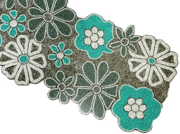 HM CREATIONS Silver floral Table Runner for Table, Dinning Table, side table Decoration runner, Floral Beaded Table Runner, Luxury Wedding Table Runner and Mats 13X36 Inches (1 Runner + 6 Placemats)