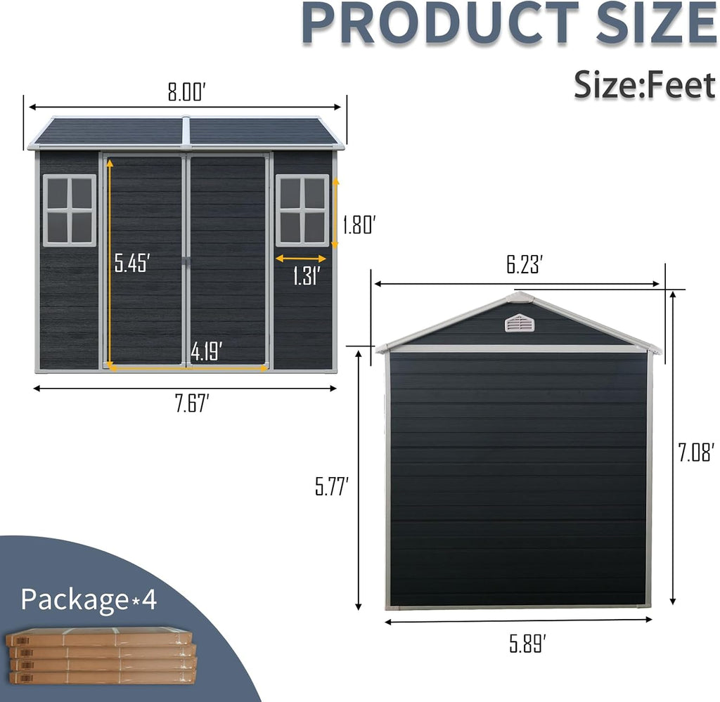 8x6 ft Outdoor Resin Storage Shed with Floor, Waterproof Plastic Garden Shed with Lockable Door and Two Windows, All-Weather Tool Sheds for Backyard, Patio, Lawn (Black)