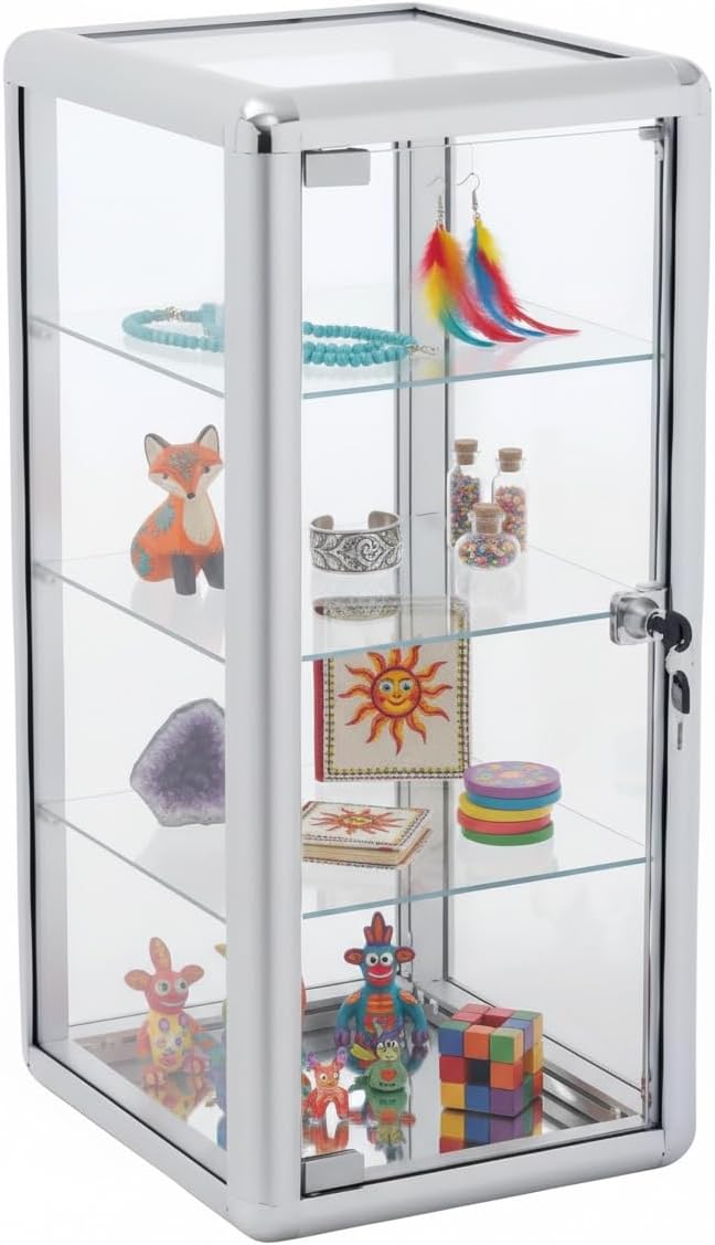 Lockable Tempered Glass Display Case – 4-Shelf Countertop Showcase with Aluminum Frame – 12'D x 14'W x 27'H Silver Cabinet for Retail, Jewelry & Collectibles