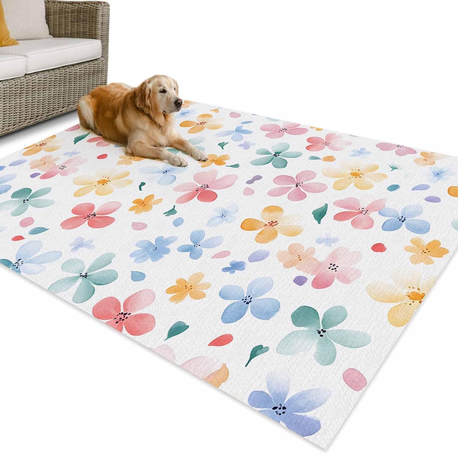 Outdoor Rug 4x6ft Spring Watercolor Pink Blue Flowers Patio Area Rugs Waterproof Easy Cleaning Non Shedding Thick Mats Floral Carpet for Indoor Outdoor Porch Deck Backyard Balcony