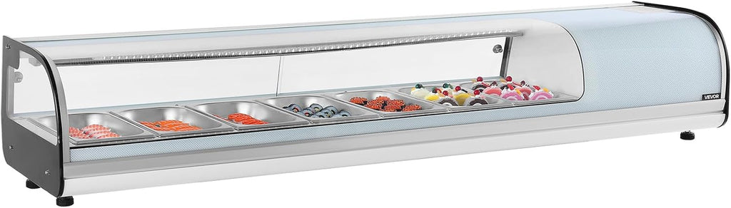 VEVOR Sushi Display Case Refrigerator, 2.5 Cu.ft Commercial Sushi Case, 7-Pan Countertop Showcase with Curved Glass, LED Lighting, and Digital Temperature Control, for Sushi-Bar, Restaurant, Store