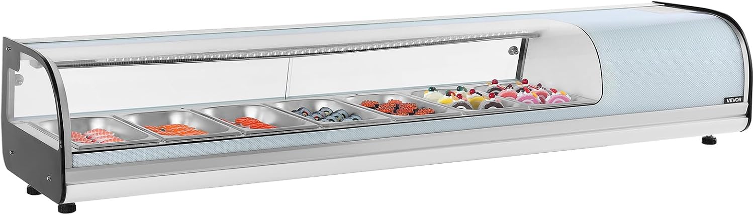 VEVOR Sushi Display Case Refrigerator, 2.5 Cu.ft Commercial Sushi Case, 7-Pan Countertop Showcase with Curved Glass, LED Lighting, and Digital Temperature Control, for Sushi-Bar, Restaurant, Store
