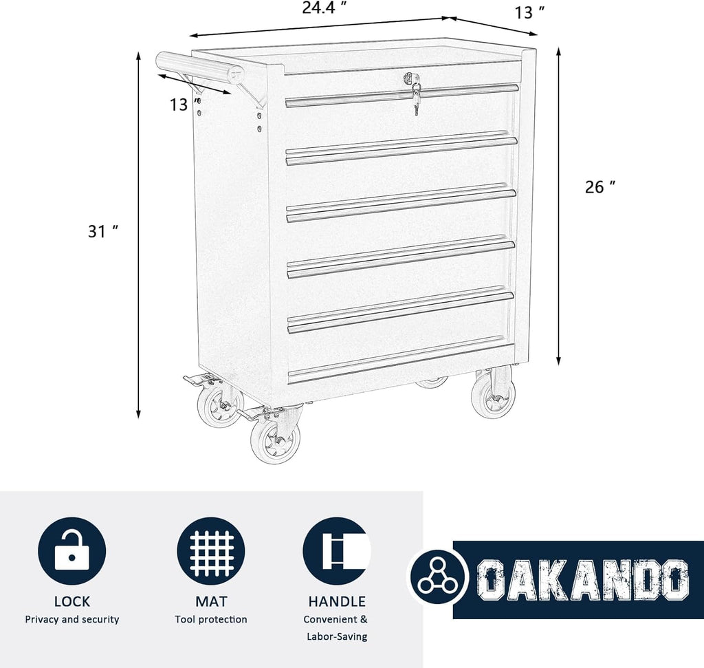 5-Drawer Metal Rolling Tool Chest with Wheels,Tool Storage Cabinet with Locking System，Toolbox with Wheels for Garage, Warehouse, Workshop, Repair Shop (Black, 5Drawer)