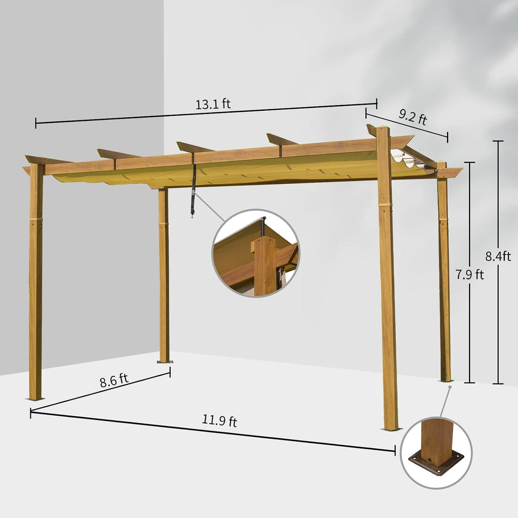 Domi 9x13FT Outdoor Pergola Canopy with Retractable Sun Shade, Weather-Resistant Aluminum Frame for Patio, Backyard, Deck, Garden, BBQ, and Gatherings, Wood-Look Finish