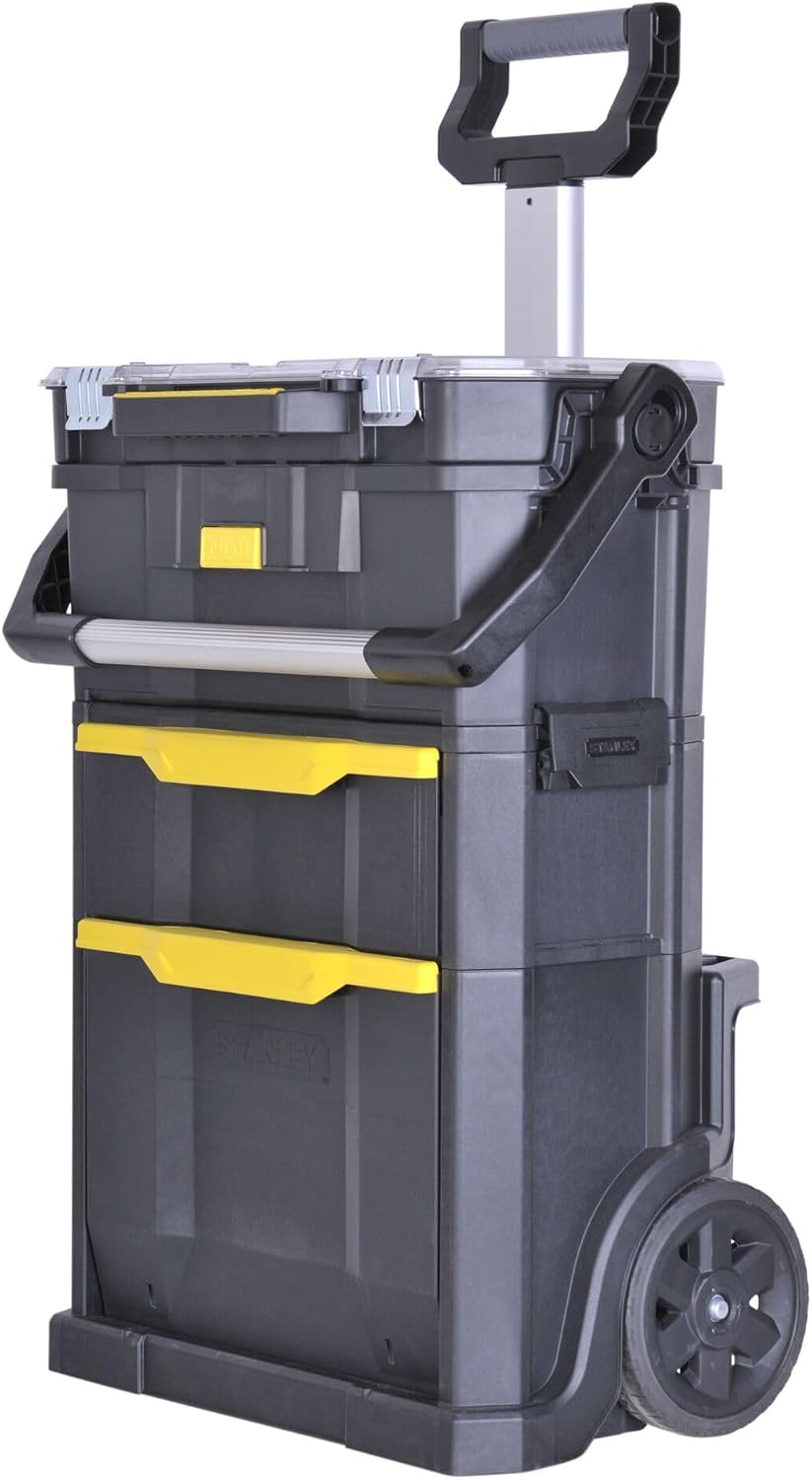 STANLEY 2-in-1 Rolling Workshop Tool Box Empty Tool Box (53 x 75.60 x 32 cm, Tool Carrier with Organiser Attachment, with Two Large Compartments, Telescopic Handle, Made of Robust Plastic) STST1-79231