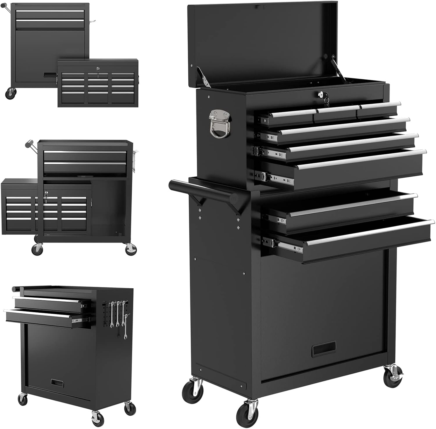 8-Drawer High Capacity Tool Chest with 4 Wheels,Lockable Rolling Tool Box and Tool Storage Cabinet,Removable Portable Set-Top Box Tool Organizer with Drawer for Garage Factory Workshop (Black)