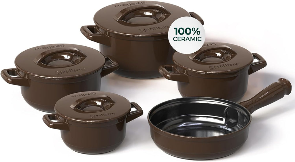 Pure Ceramic, Healthy, Non Toxic Cookware Set - Oven Safe Up to 1200F, Microwave and Dishwasher Safe, Longlasting and Lightweight - PFAS, PTFE, PFOA, PFOS - Cocoa Brown