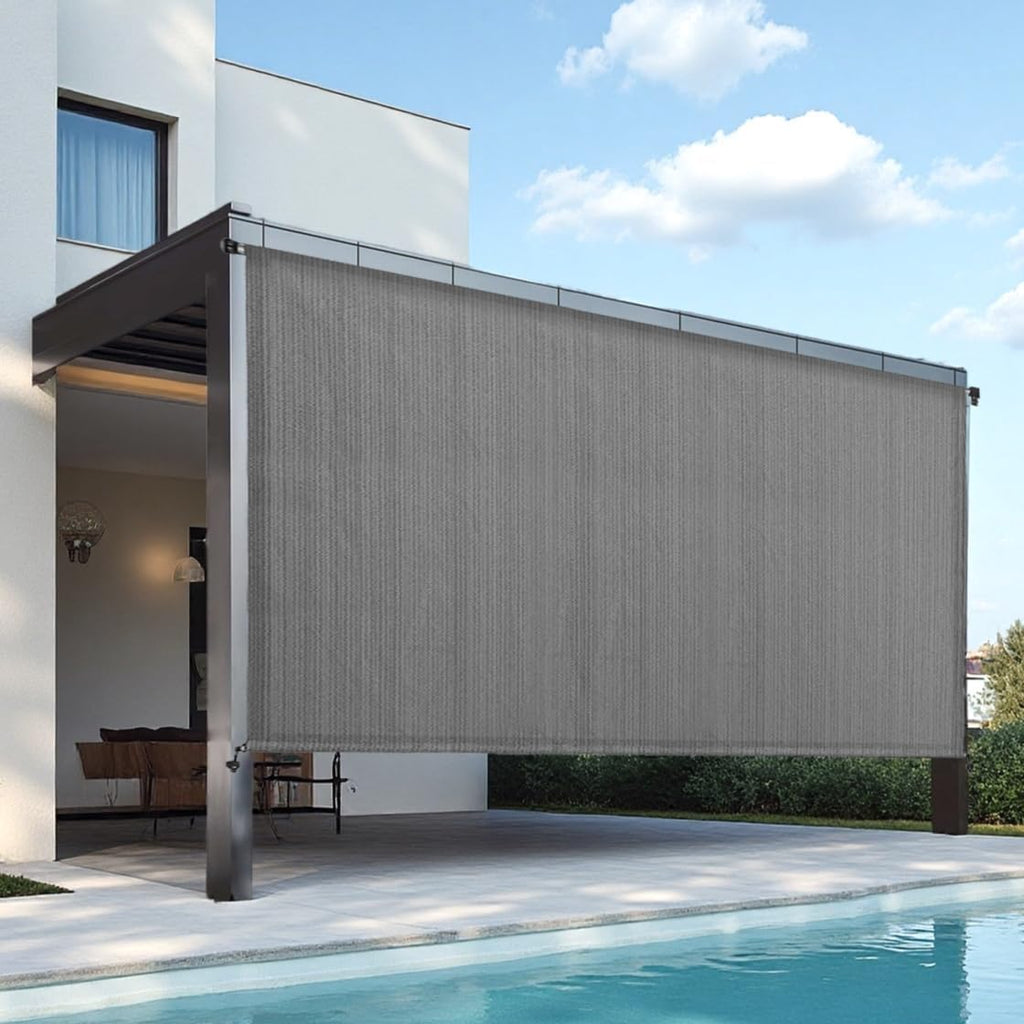 8' W x 8' H Outdoor Roller Shade with Crank Handle, Cordless Patio Sun Shade for Porch, Gazebo, Pergola, Grey UV Blocking Exterior Blinds