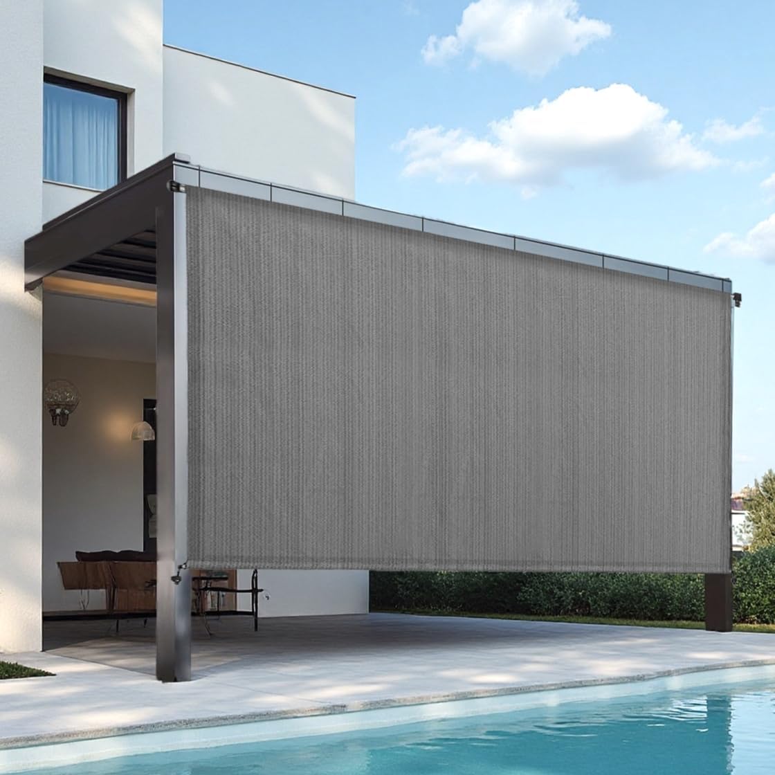 8' W x 8' H Outdoor Roller Shade with Crank Handle, Cordless Patio Sun Shade for Porch, Gazebo, Pergola, Grey UV Blocking Exterior Blinds