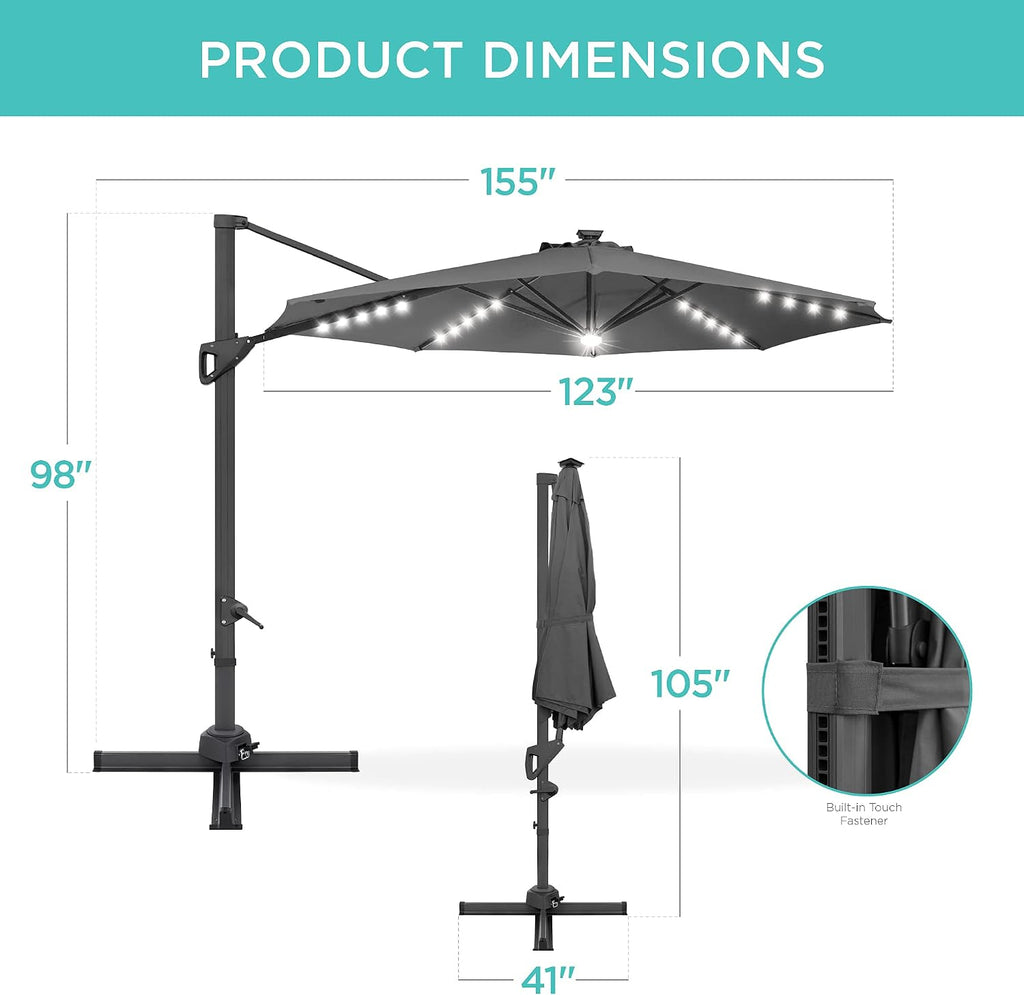 Best Choice Products 10ft Solar LED Cantilever Patio Umbrella, 360-Degree Rotation Hanging Offset Market Outdoor Sun Shade for Backyard, Deck, Poolside w/Lights, Easy Tilt, Cross Base - Gray