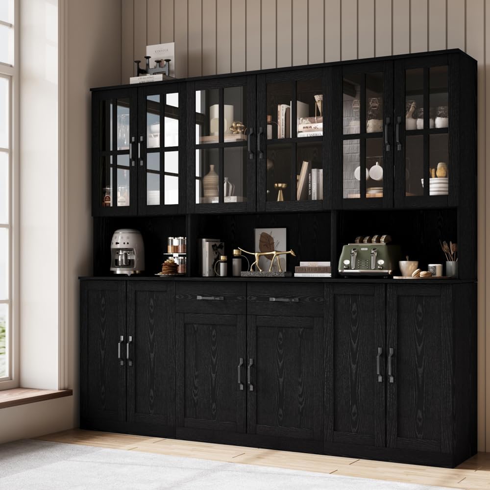 VOWNER Bookcase with Glass Door, 5-Tier Modern Bookshelf with Large Drawer, Glass Display Cabinet with Large Storage Shelf, Combination Storage Cabinet for Home Office (Black, AEA)