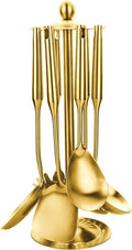 Gold Cooking Utensils Set Stainless Steel Non-stick Heat Resistant Ceramic Handle 7pieces Kitchenware Cookware Set Kitchen Tools Set With Utensil Holder Dishwasher Safe Easy To Clean