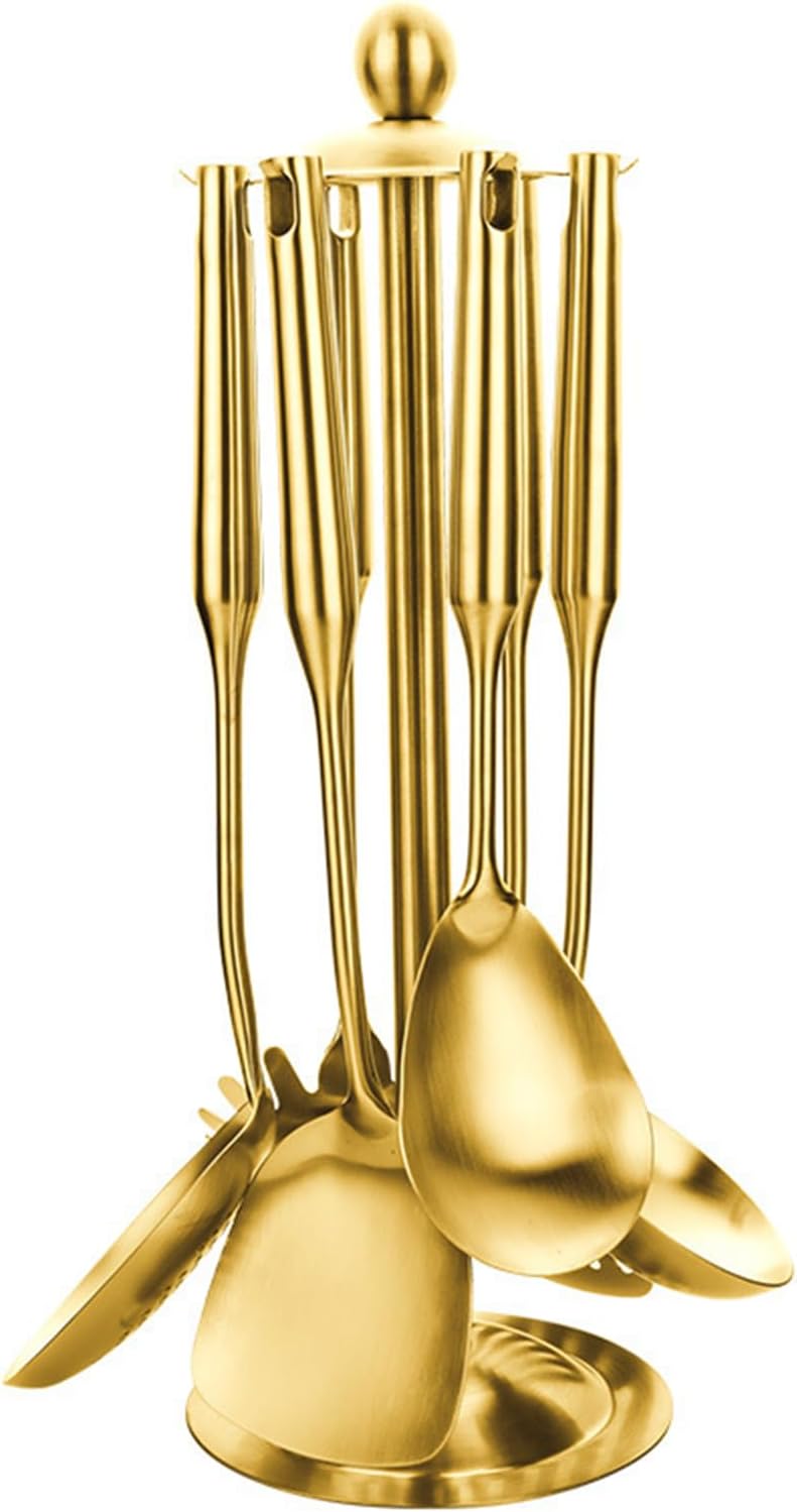 Gold Cooking Utensils Set Stainless Steel Non-stick Heat Resistant Ceramic Handle 7pieces Kitchenware Cookware Set Kitchen Tools Set With Utensil Holder Dishwasher Safe Easy To Clean