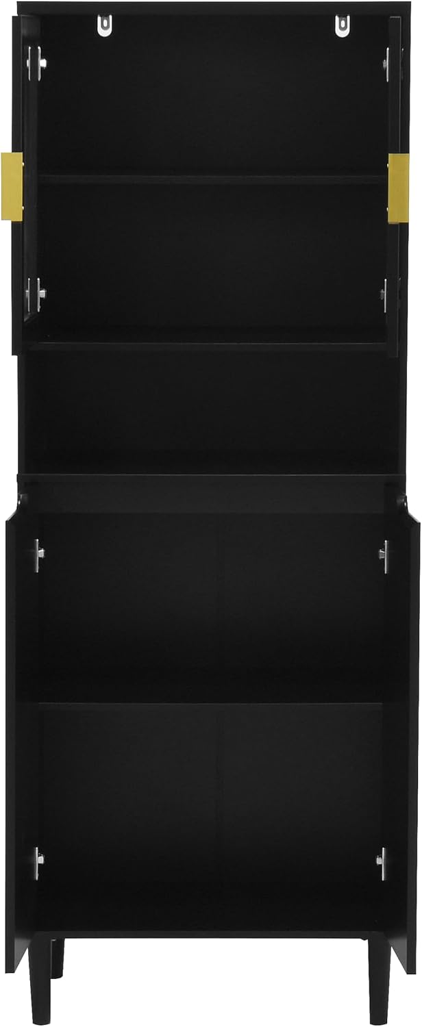 LUMISOL Storage Cabinet with 2 Glass Doors, Solid Wood Accent Cabinet with Gold Handles, Modern Cabinet Freestanding for Study Room Living Room, Save Space, Black
