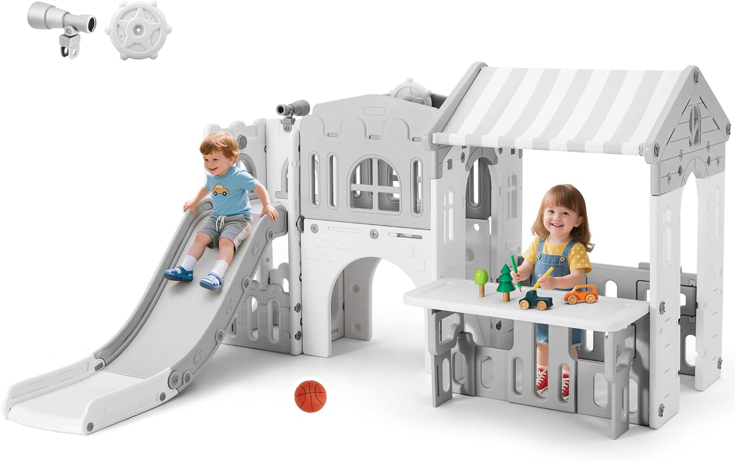 JOYLDIAS 9 in 1 Toddler Slide, Freestanding Kid Climber Slide Playset, Toddler Playhouse with Slide, Basketball Hoop and Climbing Frame, Indoor Outdoor Backyard Playground Toy for Toddlers Age 1-3+