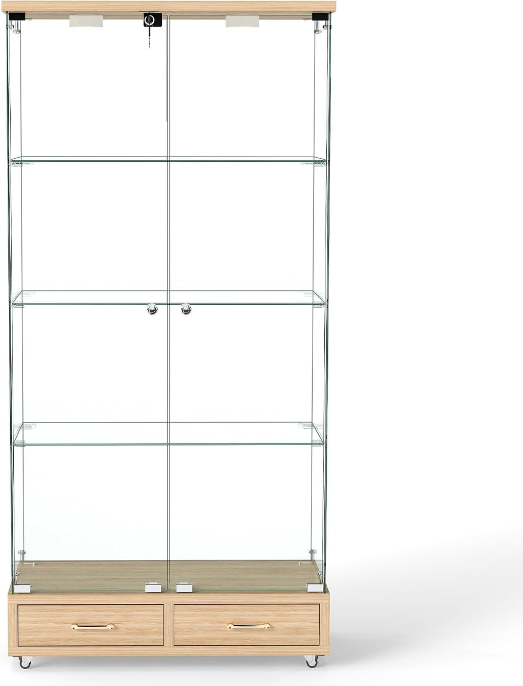 Modern Glass Display Cabinet with LED Light 4-Shelf Curio Cabinets with Storage Drawer and Wheels,Tempered Glass Display Shelf Bookcase for Living Room Home Office