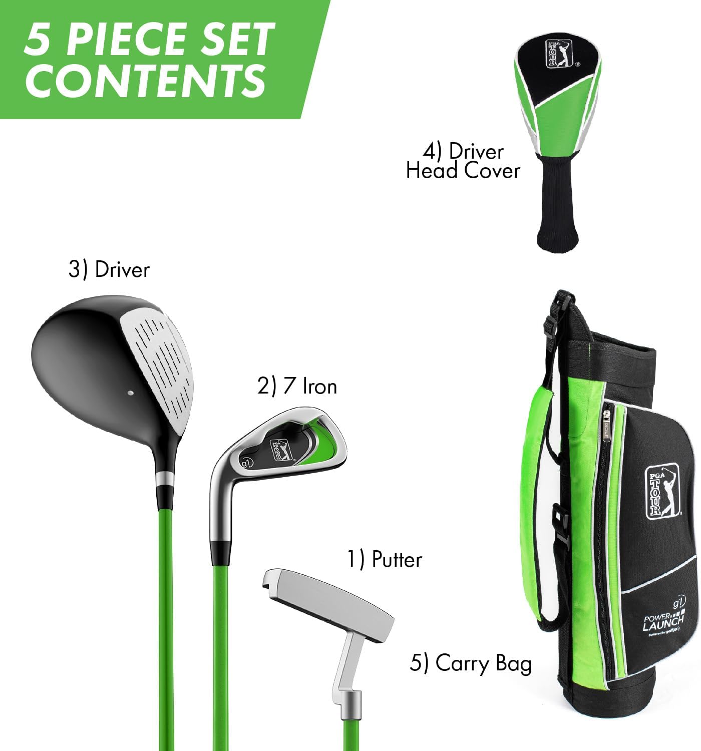 PGA Tour Youth Golf Club Set – Ages 3-5 (3'6'-4'1') and 5-8 (4'1' - 4'8') Right and Left Handed Beginner Junior Golf Clubs with Lightweight Golf Bag, Mallet Putter, Driver by Golfgen