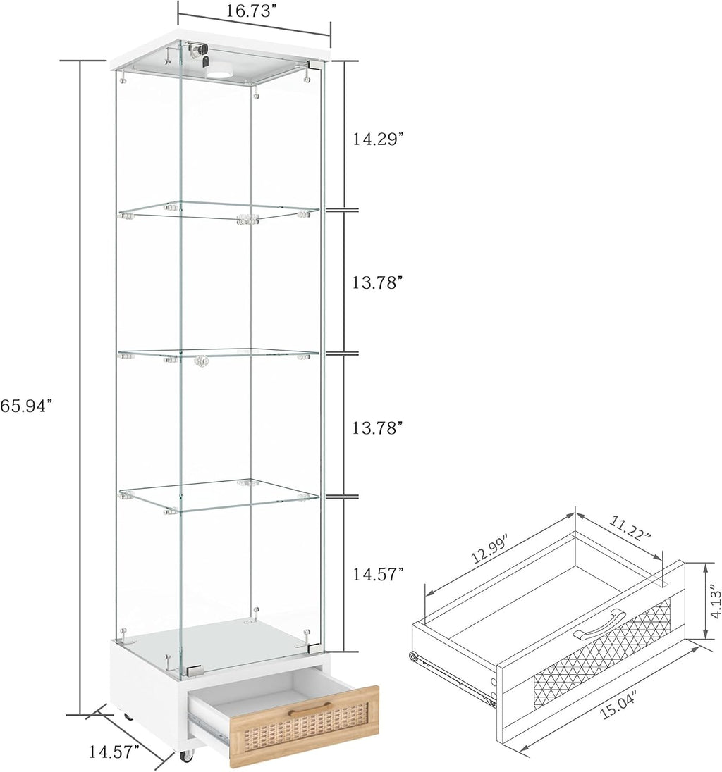 Modern Glass Display Cabinet with LED Light 4-Shelf Curio Cabinets with Rattan Drawer and Wheels,Tempered Glass Display Shelf Bookcase for Living Room Home Office