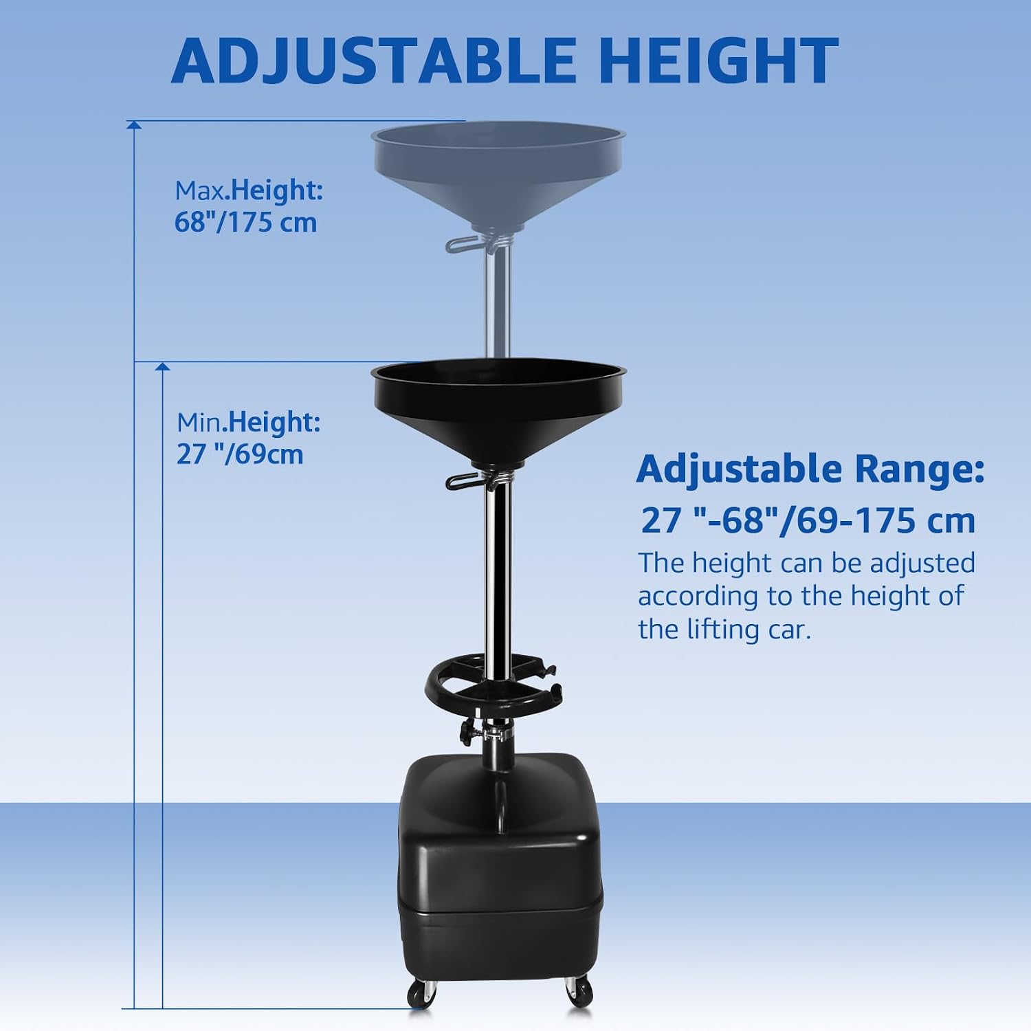 HKTE 9-Gallon Waste Oil Drainer, Adjustable Height (27'–68') with Spring Clamp, 17' Funnel, Mobile Oil Drain Pan with Heavy-Duty Casters, Tool Tray, Oil Filtration Screen, for Cars, Trucks, SUVs