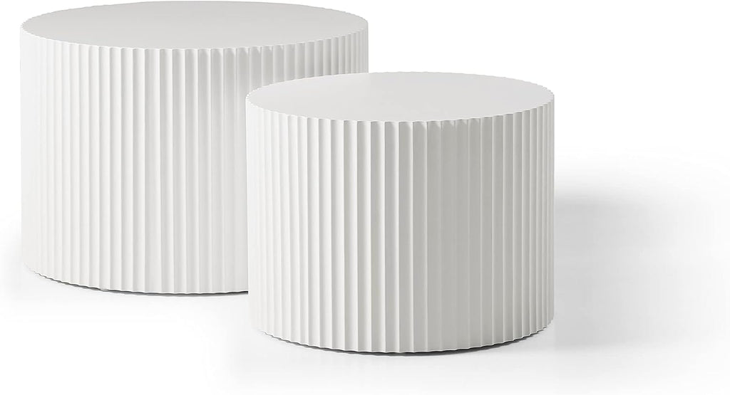 White Round Coffee Table Set of 3 Modern Drum Circle Nesting Coffee Tables for Living Room, Contemporary Wood Fluted Embossed Side Table End Table, No Assembly, White (3-Pcs)