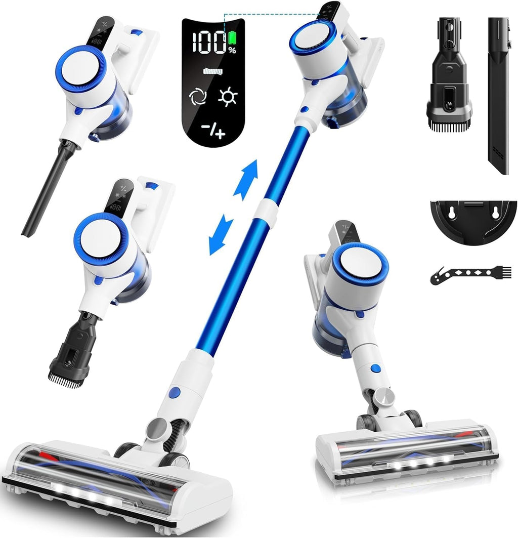 Cordless Vacuum Cleaner, 550W/45Kpa Vacuum Cleaners for Home, 60Mins Stick Vacuum with LED Display, Anti-Tangle & Wall Mount Charging, 8 in 1 Lightweight Vacuum for Hard Floors Carpet Pet Hair