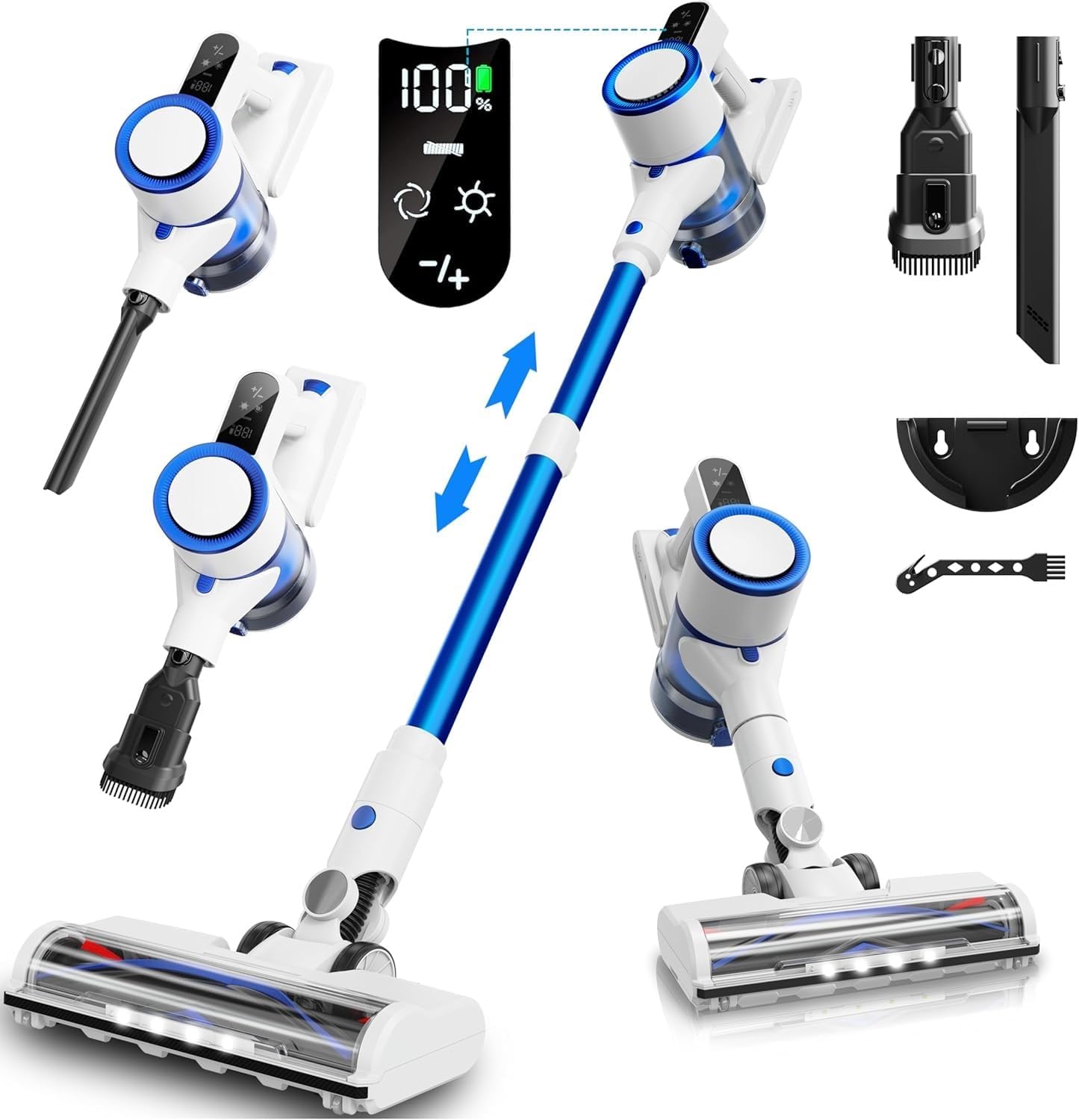Cordless Vacuum Cleaner, 550W/45Kpa Vacuum Cleaners for Home, 60Mins Stick Vacuum with LED Display, Anti-Tangle & Wall Mount Charging, 8 in 1 Lightweight Vacuum for Hard Floors Carpet Pet Hair