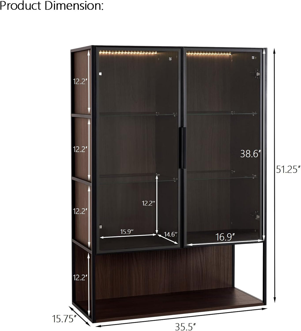 Glass Display Cabinet,51.2'' Tall Lighted with Tempered Glass Door, Metal Frame LED Curio Cabinet, Modern Minimalist Style, for Living Room, Office, Study, Black + Dark Walnut