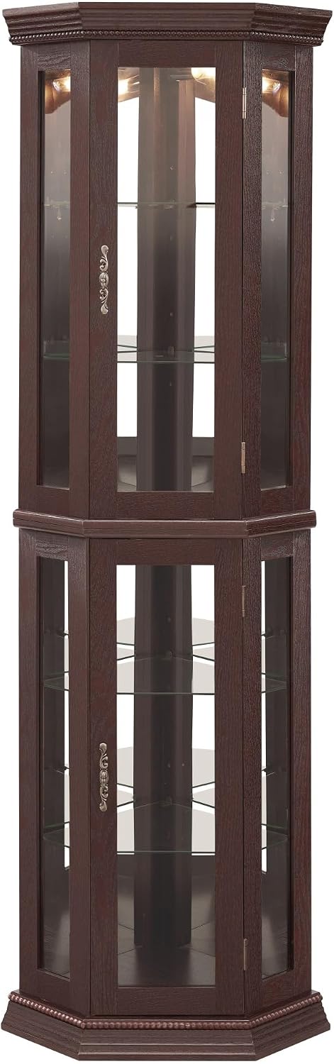 70' Lighted Corner Curio Cabinet,Inside Mirror Corner Glass Display Case with Tempered Glass Door for Living Room, Antique Collectibles, Wine & Bar Glass Storage, Lights Included