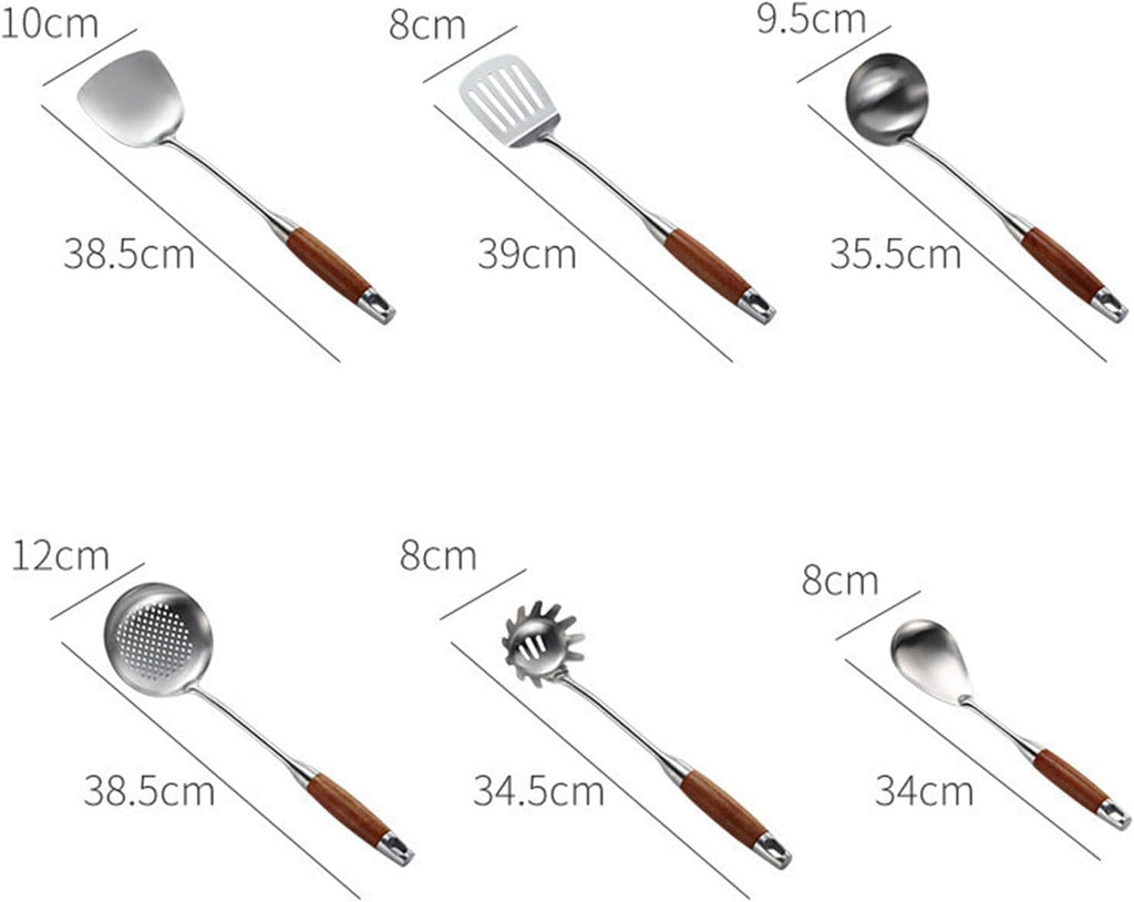 7 PCS Kitchen Cooking Utensils Set Stainless Steel Kitchenware Cookware Set with Holder Metal Kitchen Utensils Set with Wood Heat-Insulated Handle Dishwasher Safe