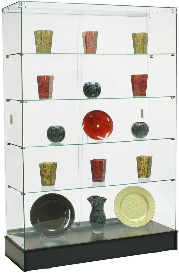 Displays2go Glass Display Cabinet with Sliding Doors, 48 x 72 Locking Frameless Display Case with 4 Fixed Glass Shelves, Standing Showcase for Retail or Collectibles – Black (FRCTWLBK)