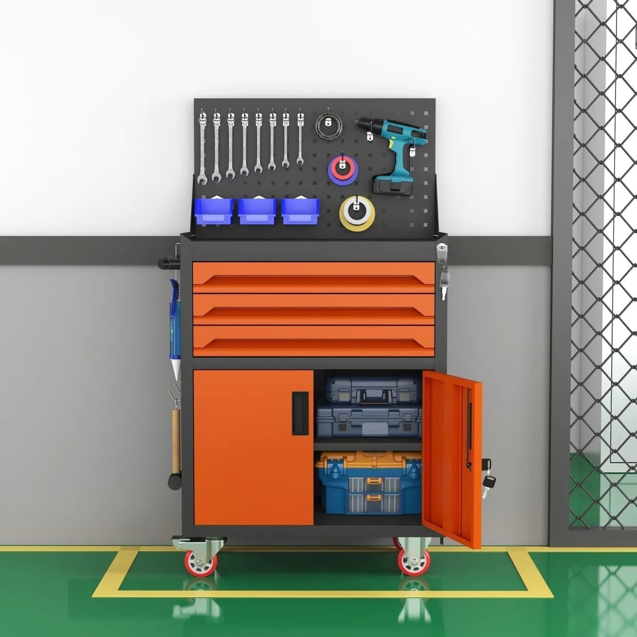 Heavy Tool Cart with Pegboard and Handle, 3-Drawer Garage Storage Cabinet & Toolbox on Wheels for Garage, Warehouse & Workshop(Orange)