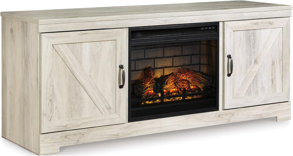 Signature Design by Ashley Bellaby Farmhouse 63' TV Stand with Electric Fireplace for TVs up to 72', Whitewash