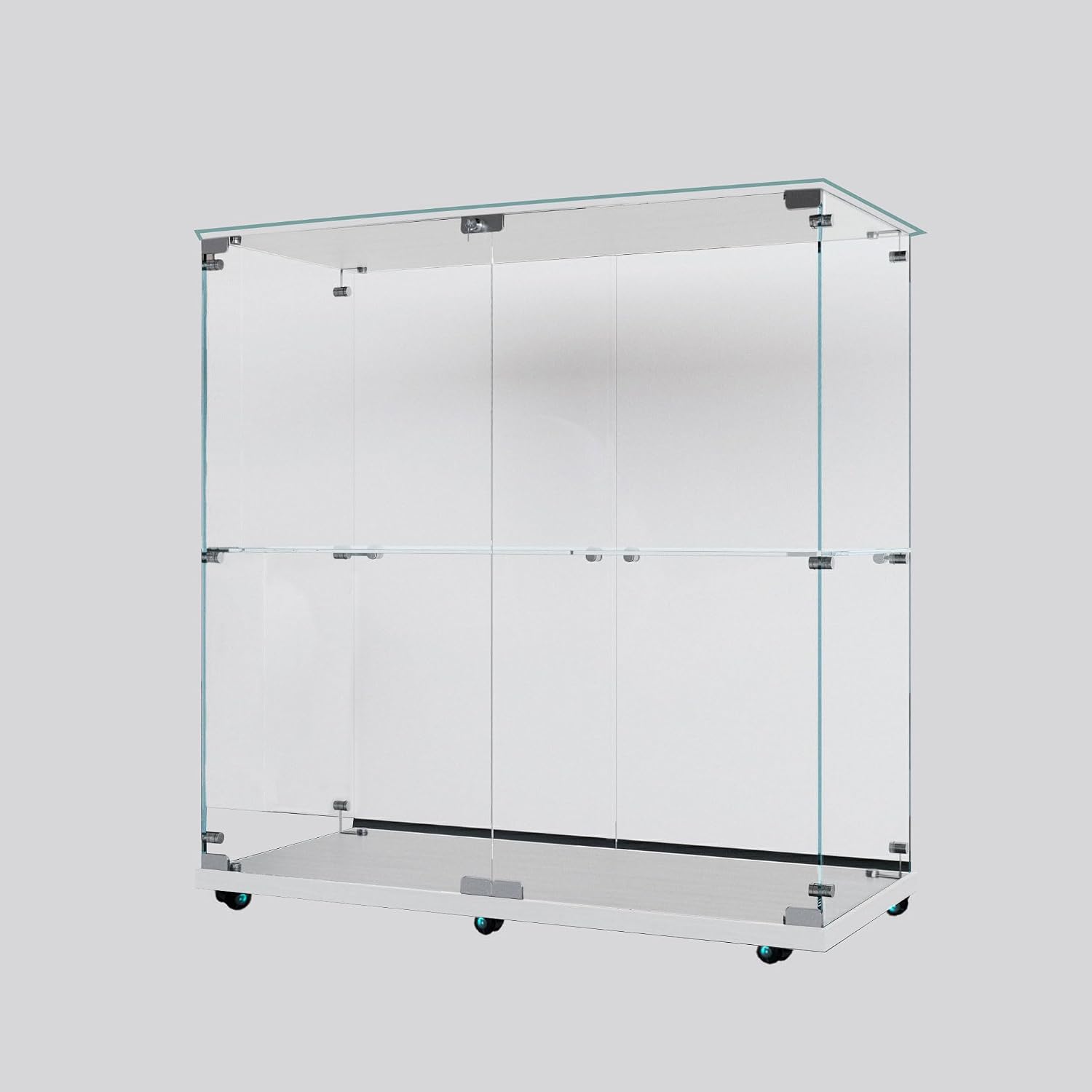 34.17' Tall Tempered Glass Display Cabinet with LED Lights&Rolling Wheels, Curio Cabinet with 2 Shelves with 2 Door, Quick-Install Style Floor Standing Bookshelf File Cabinet for Living Room Office